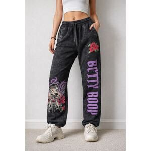 Betty Boop Graphic Sweatpants Acid Wash Black Purple Y2K Size L